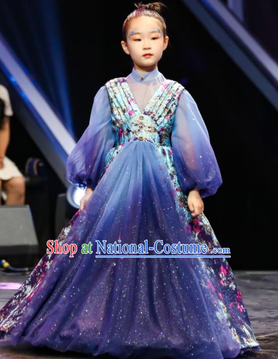 High Kid Piano Performance Full Dress Children Catwalks Trailing Dress Girl Stage Show Clothing Compere Garment Costume