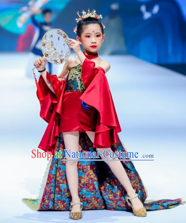 High Compere Garment Costume Kid Performance Full Dress Children Catwalks Uniforms Girl Stage Show Trailing Clothing