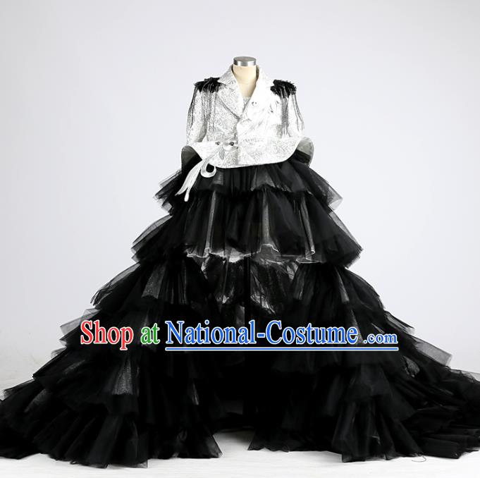 High Girl Stage Show Black Veil Trailing Clothing Compere Garment Costume Kid Performance Full Dress Children Catwalks Uniforms