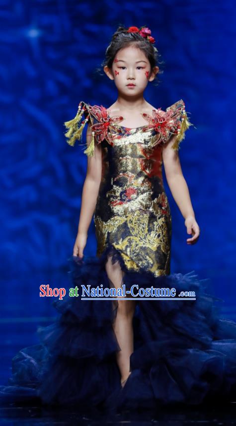 High Children Catwalks Trailing Dress Girl Stage Show Clothing Compere Garment Costume Kid Birthday Full Dress