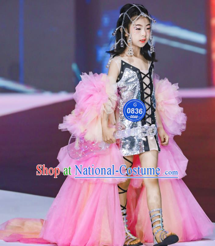 High Girl Catwalks Clothing Compere Garment Costume Stage Show Full Dress Children Dance Pink Dress