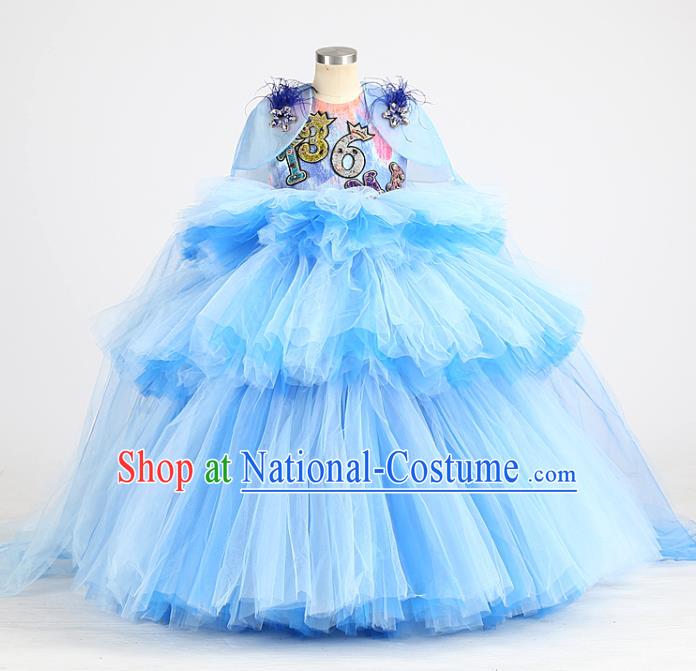 High Stage Show Full Dress Children Birthday Blue Veil Dress Girl Catwalks Clothing Compere Garment Costume