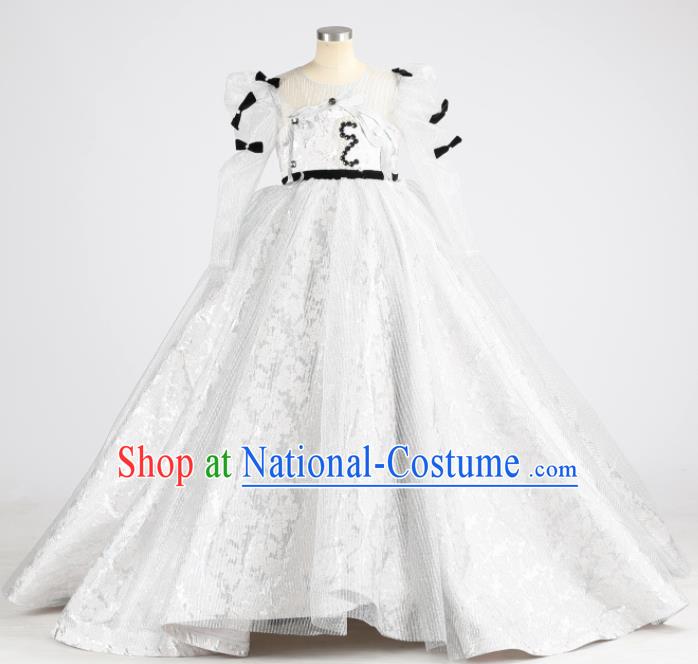 High Kid Performance Full Dress Children Catwalks White Trailing Dress Girl Stage Show Clothing Chorus Garment Costume