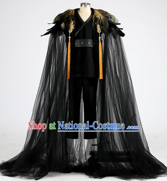 Top China Children Dance Performance Feather Apparels Boys Stage Show Suits Kid Catwalks Black Cape Uniforms