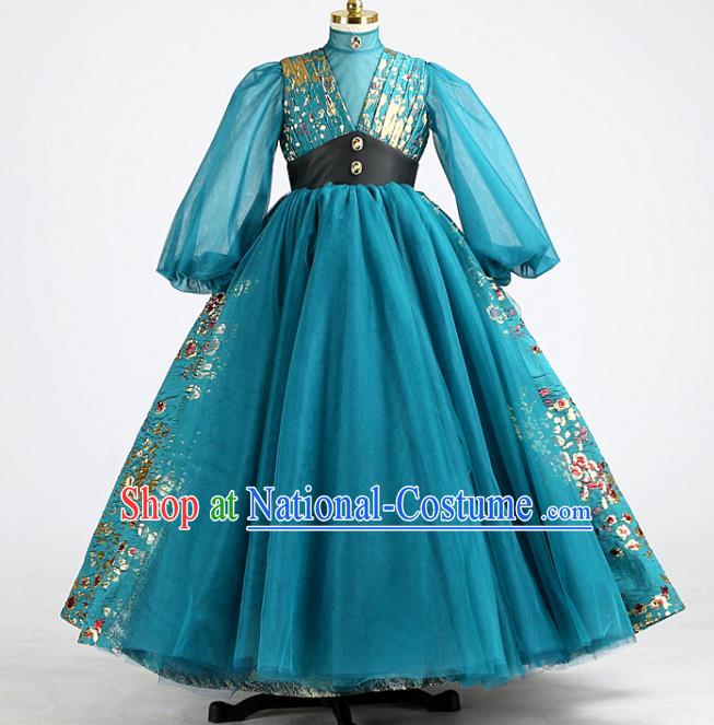 High Children Performance Blue Dress Baby Compere Garment Costume Stage Show Full Dress Girl Catwalks Clothing