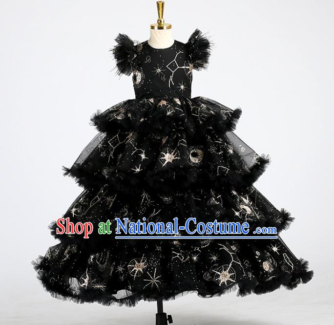 High Girl Catwalks Clothing Children Performance Black Dress Baby Compere Garment Costume Stage Show Full Dress