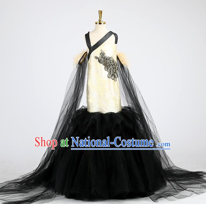 High Stage Show Fishtail Full Dress Girl Catwalks Clothing Children Performance Black Veil Dress Baby Compere Garment Costume