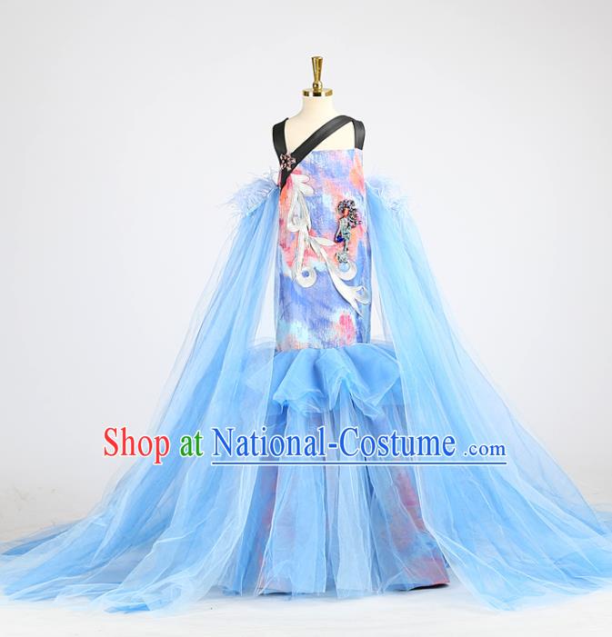 High Baby Compere Garment Costume Stage Show Full Dress Girl Catwalks Clothing Children Performance Blue Veil Fishtail Dress