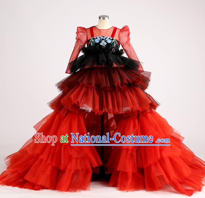 High Chorus Garment Costume Kid Performance Full Dress Children Catwalks Red Veil Trailing Dress Girl Stage Show Clothing