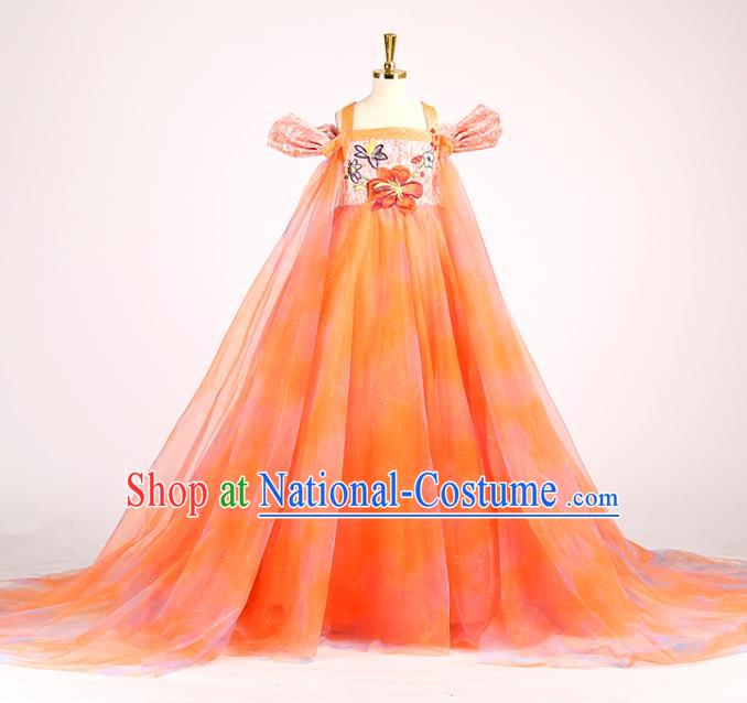 High Children Performance Orange Veil Trailing Dress Baby Chorus Garment Costume Stage Show Full Dress Girl Catwalks Clothing