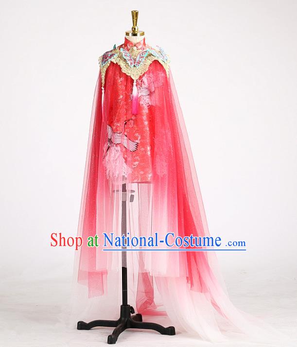 High Stage Show Red Full Dress Girl Chorus Clothing Children Performance Qipao Dress Catwalks Garment Costume