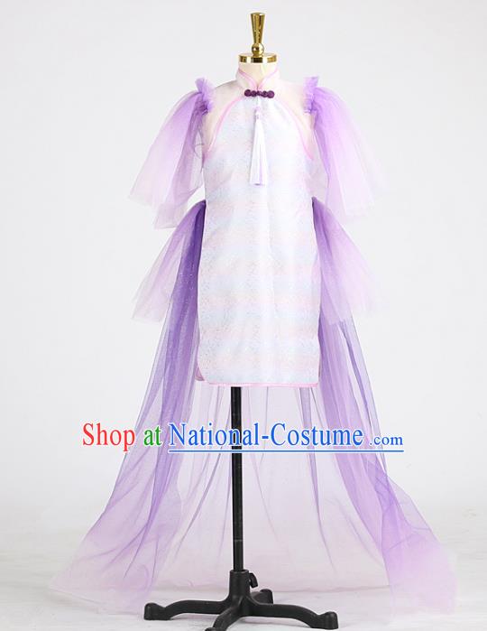 High Girl Chorus Clothing Children Performance Purple Dress Catwalks Garment Costume Stage Show Full Dress