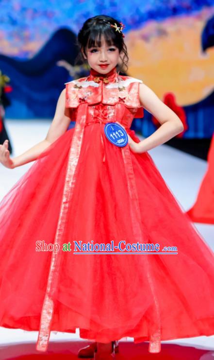 High Stage Show Red Veil Full Dress Girl Chorus Performance Clothing Children Compere Dress Catwalks Garment Costume