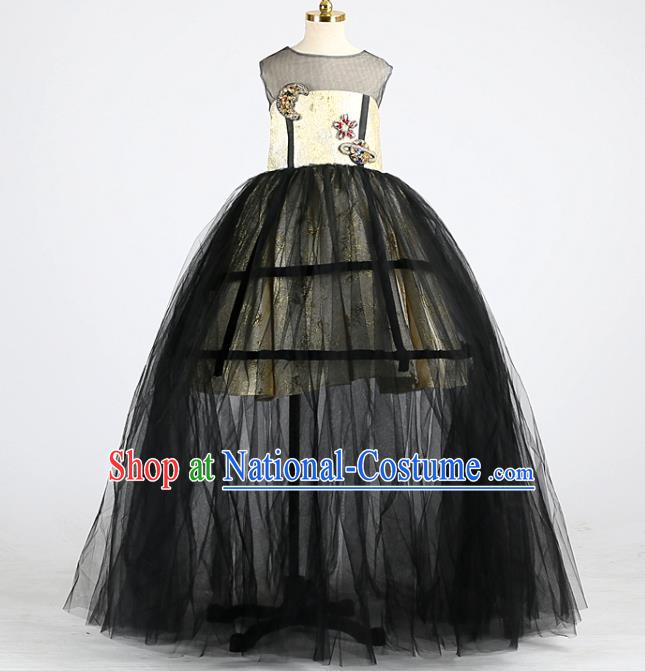 High Children Compere Garments Catwalks Formal Costume Stage Show Black Veil Full Dress Girl Model Performance Clothing