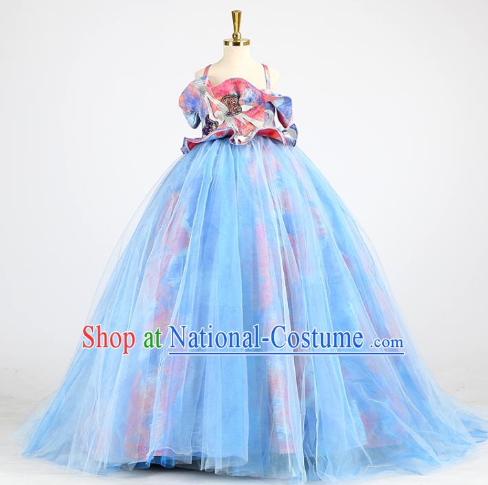 High Girl Model Performance Clothing Children Compere Garments Catwalks Formal Costume Stage Show Blue Veil Full Dress