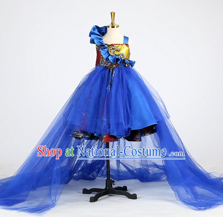 High Stage Show Royalblue Veil Full Dress Girl Model Performance Clothing Children Compere Garments Catwalks Formal Costume