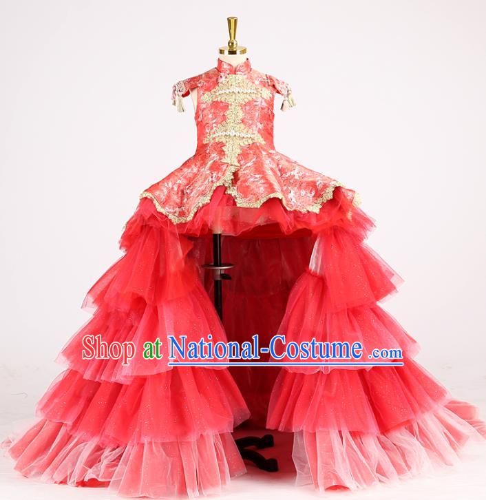 High China Catwalks Formal Costume Stage Show Red Trailing Full Dress Girl Model Performance Clothing Children Compere Garments