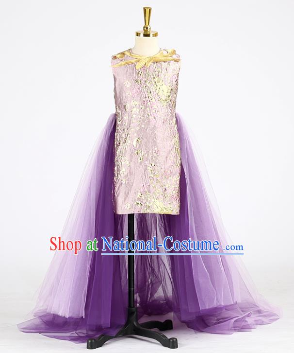 High Children Compere Garments China Catwalks Formal Costume Stage Show Purple Full Dress Girl Model Performance Clothing