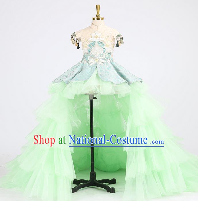 High Stage Show Green Veil Full Dress Girl Model Performance Clothing Children Compere Garments Catwalks Formal Costume