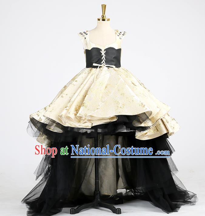 High Children Compere Garments Chorus Formal Costume Stage Show Golden Full Dress Girl Model Catwalks Clothing