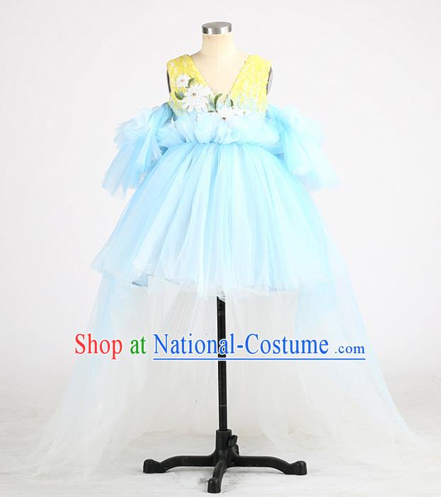 High Children Compere Blue Veil Short Dress Girl Catwalks Clothing Chorus Garment Costume Stage Show Full Dress