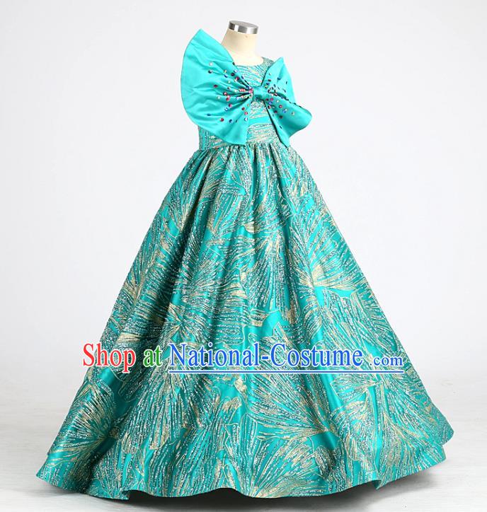 High Stage Show Full Dress Children Compere Green Bowknot Long Dress Girl Catwalks Clothing Chorus Garment Costume