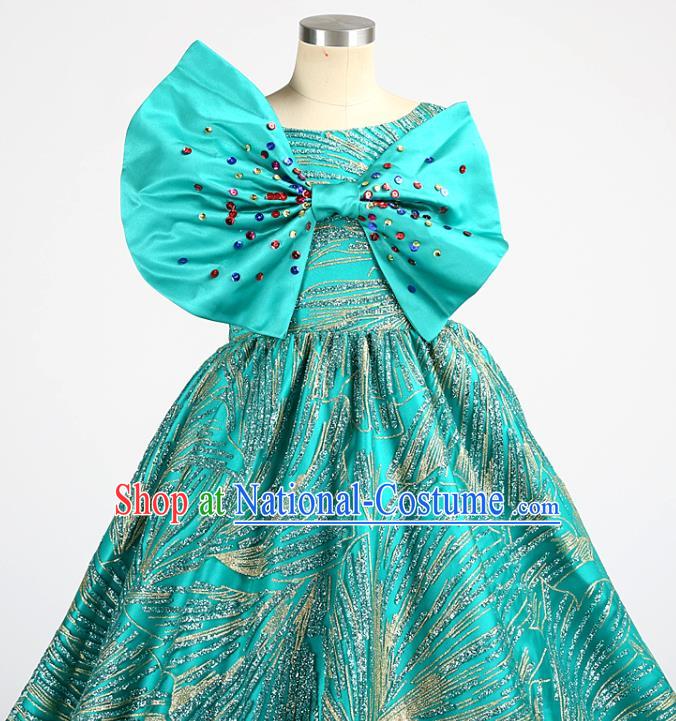 High Stage Show Full Dress Children Compere Green Bowknot Long Dress Girl Catwalks Clothing Chorus Garment Costume