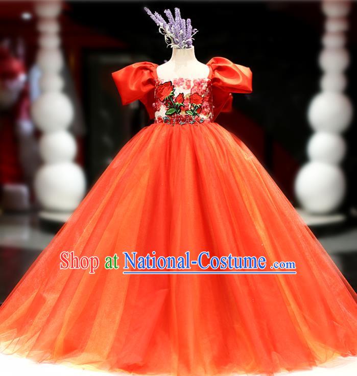 High Girl Princess Formal Costume Stage Show Embroidered Red Full Dress Kid Catwalks Clothing Children Performance Garments