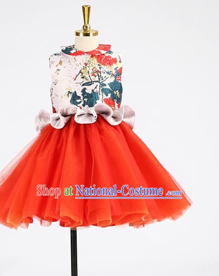 High Stage Show Red Short Full Dress Kid Catwalks Clothing Children Performance Garments Girl Dance Costume