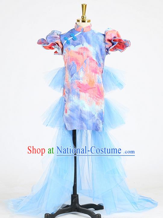 High Girl Catwalks Clothing Children Compere Garments Chorus Formal Costume Stage Show Blue Full Dress