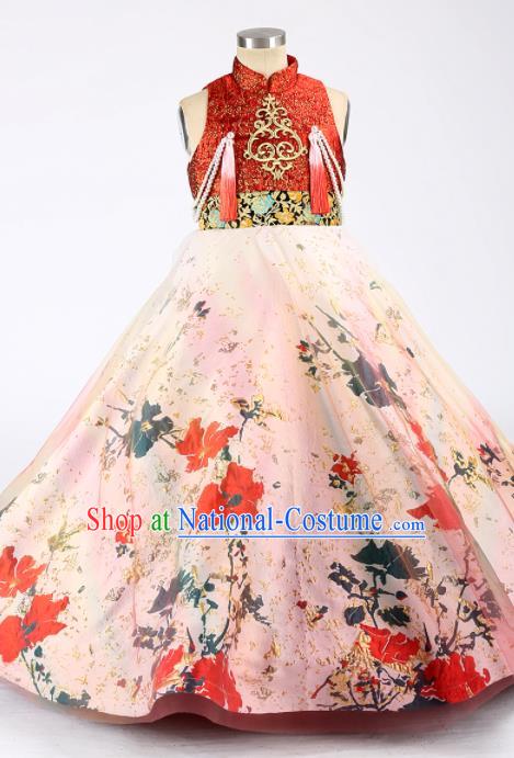 High China Stage Show Full Dress Kid Catwalks Fashion Children Performance Printing Trailing Dress Girl Compere Clothing