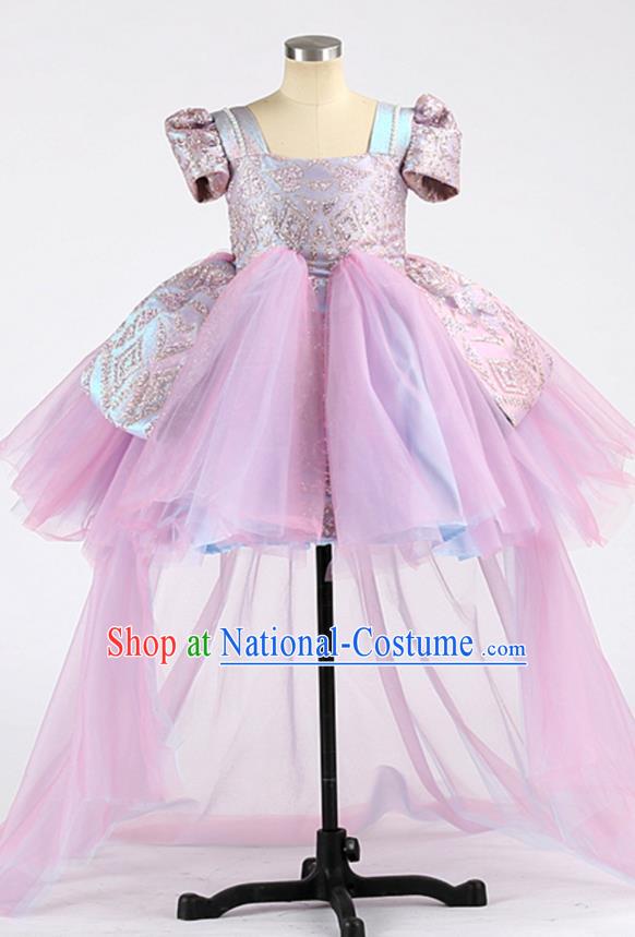 High Children Performance Lilac Dress Girl Compere Clothing Stage Show Princess Full Dress Kid Catwalks Fashion