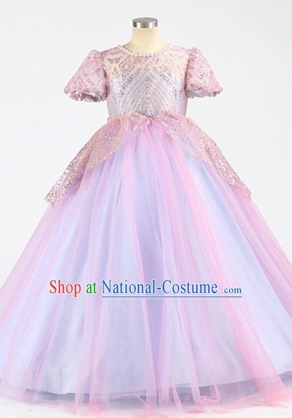 High Compere Clothing Stage Show Princess Full Dress Girl Catwalks Fashion Children Performance Purple Veil Dress