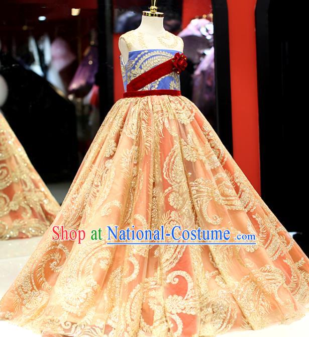 High Girl Catwalks Fashion Children Chorus Performance Golden Dress Baroque Compere Clothing Stage Show Princess Full Dress