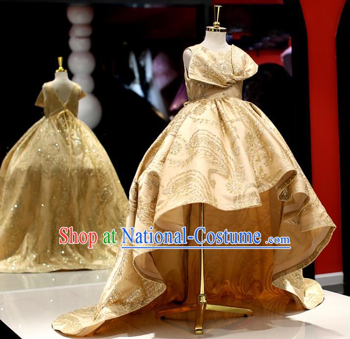 High Baroque Princess Clothing Stage Show Trailing Full Dress Girl Catwalks Fashion Children Compere Performance Golden Dress