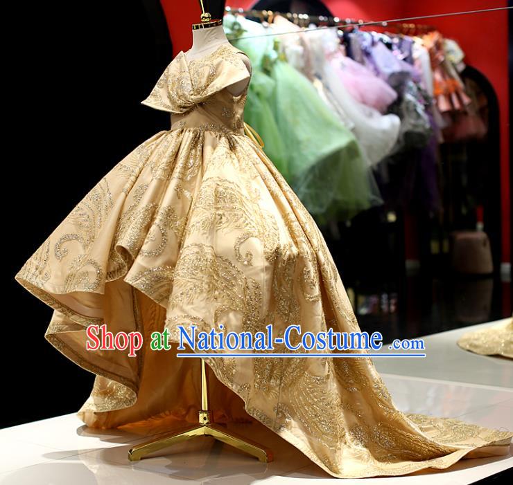 High Baroque Princess Clothing Stage Show Trailing Full Dress Girl Catwalks Fashion Children Compere Performance Golden Dress