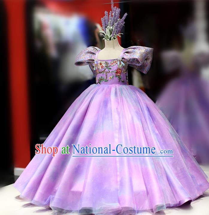 High Girl Catwalks Performance Fashion Children Compere Purple Dress Baroque Princess Clothing Stage Show Full Dress