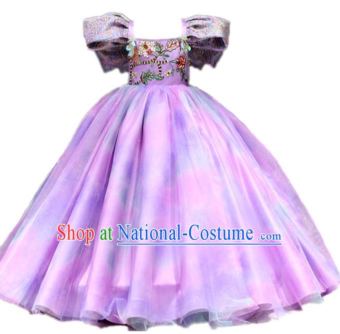 High Girl Catwalks Performance Fashion Children Compere Purple Dress Baroque Princess Clothing Stage Show Full Dress