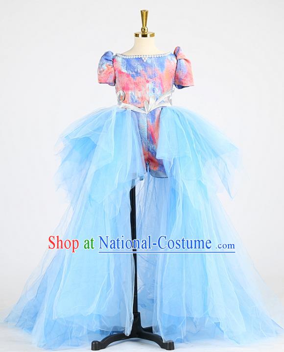 High Compere Formal Costume Stage Show Blue Full Dress Girl Catwalks Clothing Children Compere Garments