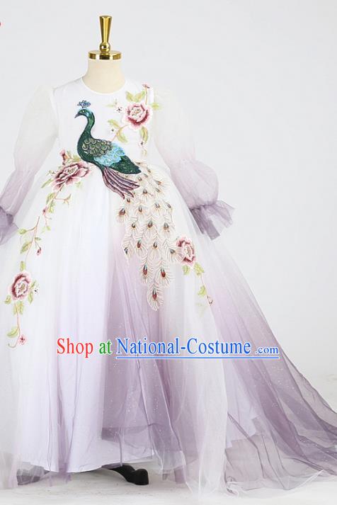 High Stage Show Embroidered Peacock Full Dress Girl Catwalks Clothing Children Compere Garments Compere Formal Costume