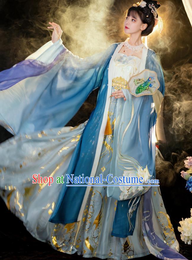 China Ancient Tang Dynasty Princess Blue Hanfu Dress Traditional Palace Historical Clothing for Women