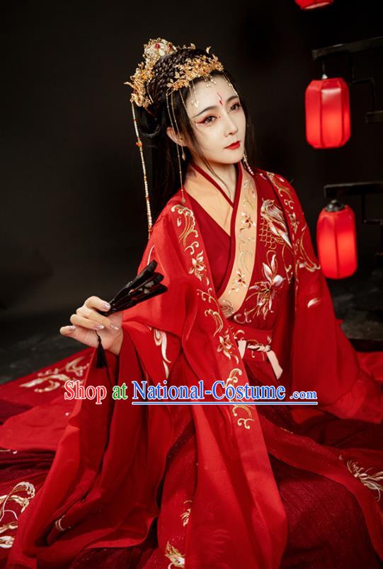 China Ancient Wedding Red Hanfu Dress Jin Dynasty Royal Princess Clothing Traditional Historical Garments Full Set