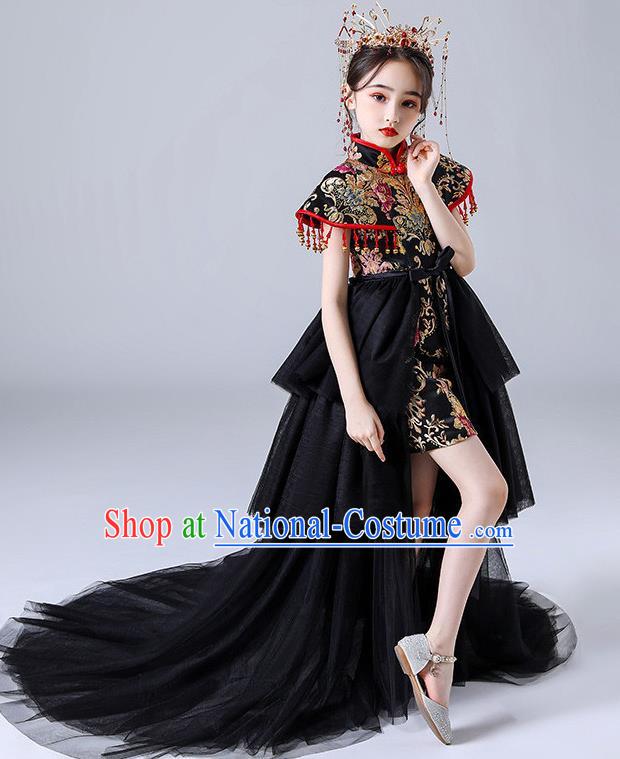 China Girl Catwalks Clothing Stage Performance Garment Costume Children Embroidered Qipao Dress Black Veil Trailing Dress