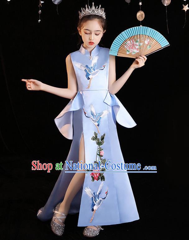 China Embroidered Blue Dress Girl Catwalks Clothing Stage Performance Garment Costume Children Qipao Dress