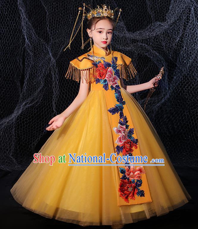 China Children Dance Wear Embroidered Yellow Dress Girl Catwalks Clothing Stage Performance Garment Costume