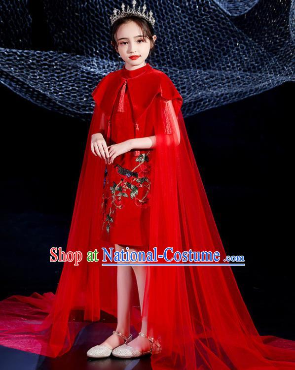 China Girl Catwalks Clothing Stage Performance Garment Costume Children Dance Wear Embroidered Red Dress