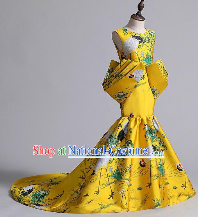 China Printing Crane Yellow Trailing Dress Girl Catwalks Clothing Stage Performance Garment Costume Children Dance Wear