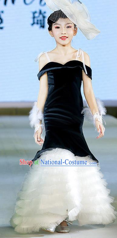 Custom Stage Show Black Velvet Dress Catwalks Trailing Full Dress Children Dancewear Girl Compere Fashion Clothing