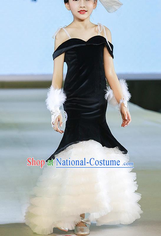 Custom Stage Show Black Velvet Dress Catwalks Trailing Full Dress Children Dancewear Girl Compere Fashion Clothing