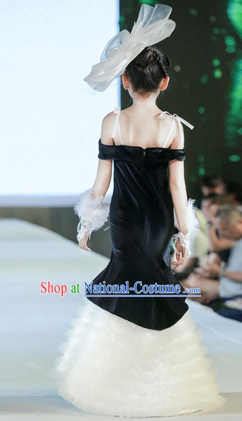 Custom Stage Show Black Velvet Dress Catwalks Trailing Full Dress Children Dancewear Girl Compere Fashion Clothing